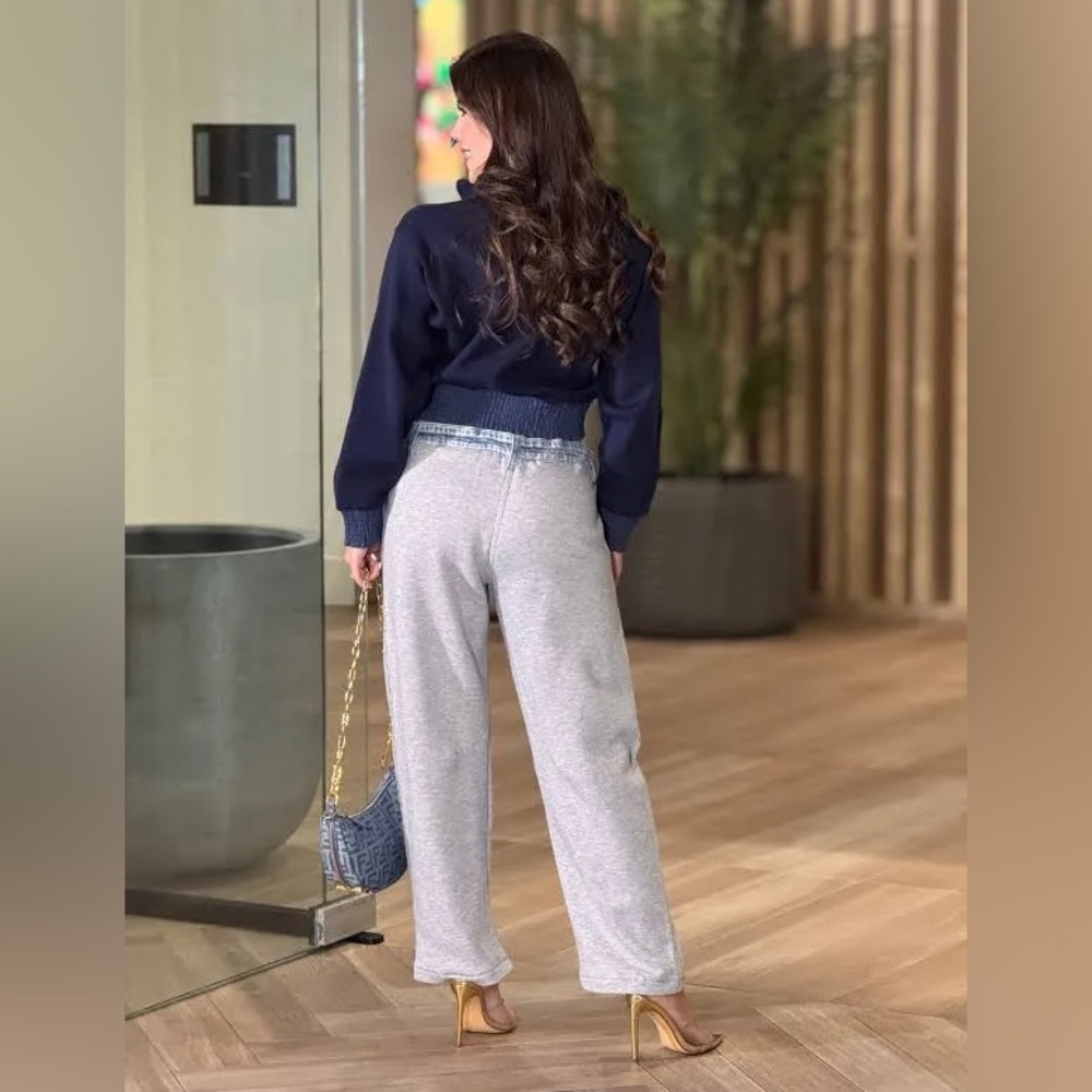 Risen Los Angelas Heather Gray Sweatpants with Denim Trim - Picture 2 of 5